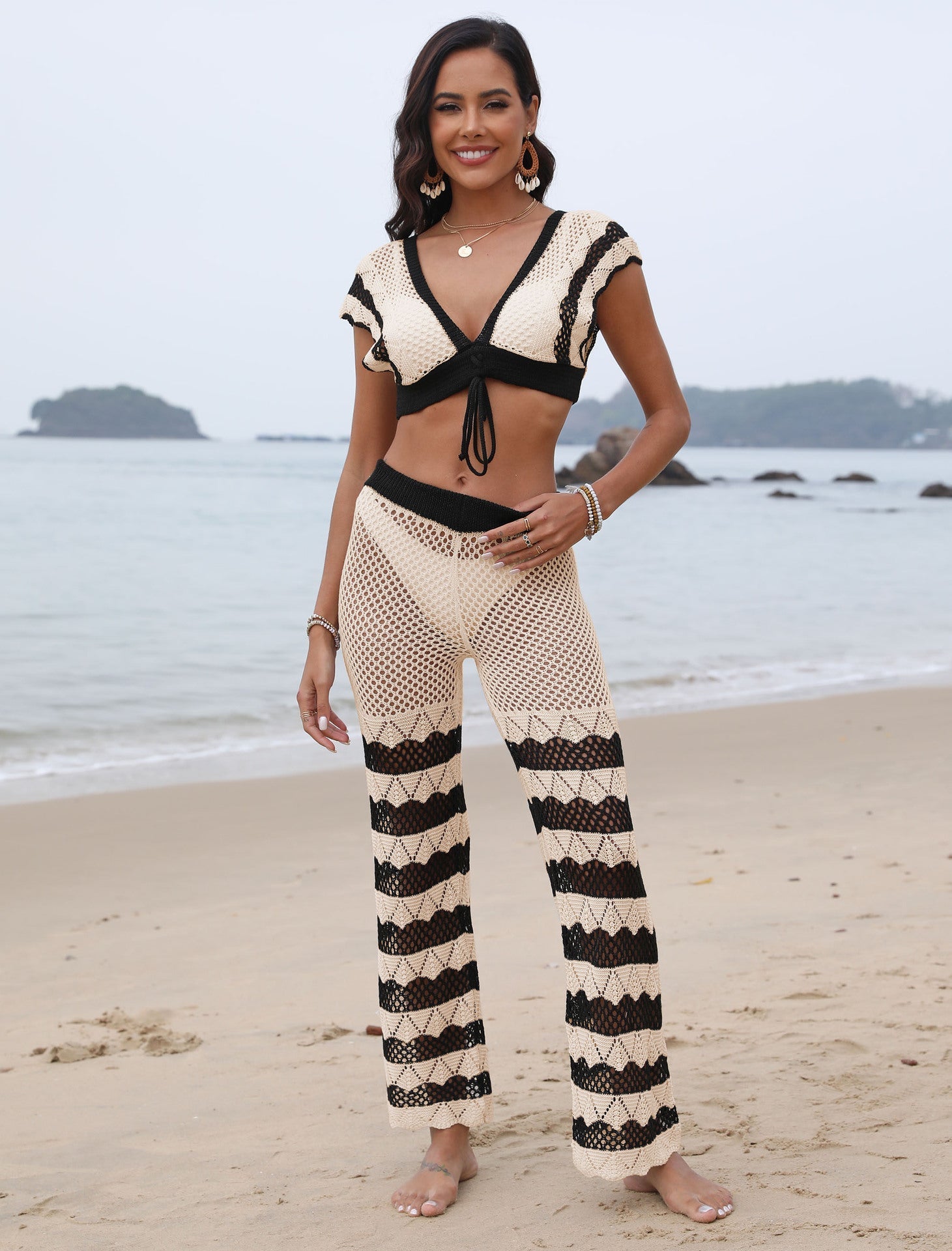 Women Beach Clothing Stitching Sexy Deep V Plunge Tied Top Bootcut Pants Two Piece Set Bella Mia